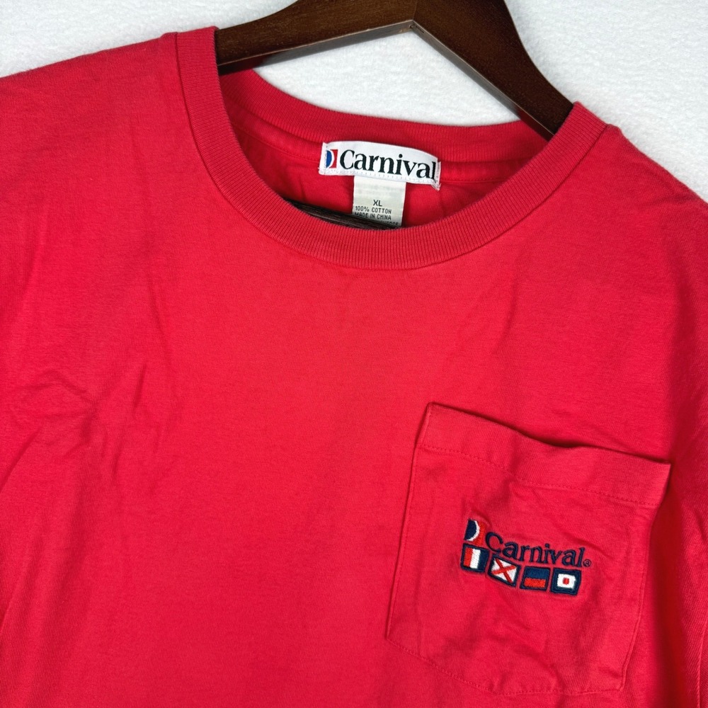 Vtg Carnival T-Shirt Mens Large Red Pocket Embroidered Nautical Flags 90s Tee